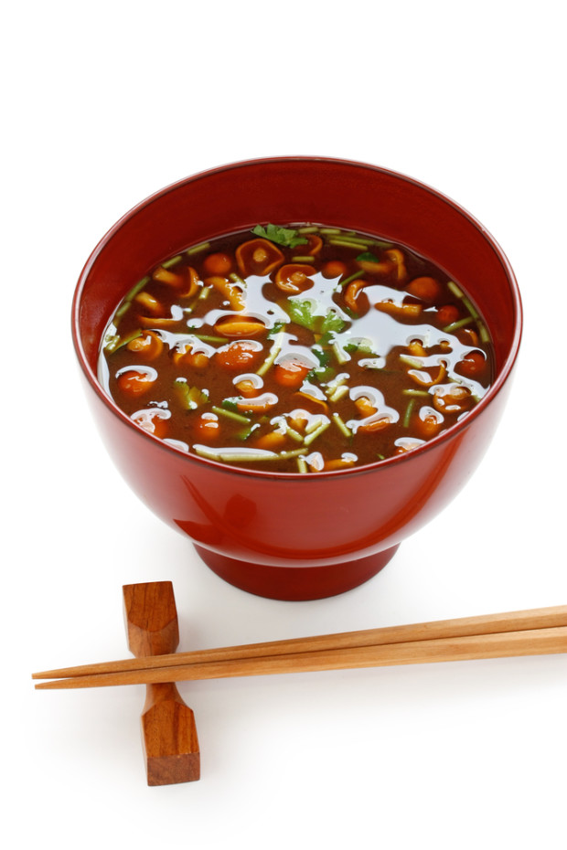 Nameko mushrooms miso soup, japanese food, on a white background